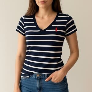 Polo Ralph Lauren Sport Striped V-Neck Tee Navy/White Small